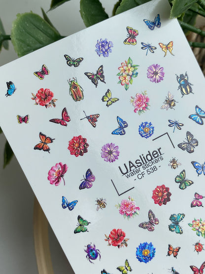 Nagel-Wasserabziehbild CF-538 | Wasserabziehbare Nagelaufkleber mit Schmetterlingen, Käfern & Blumen | Bunte Sommer-Nagelsticker
