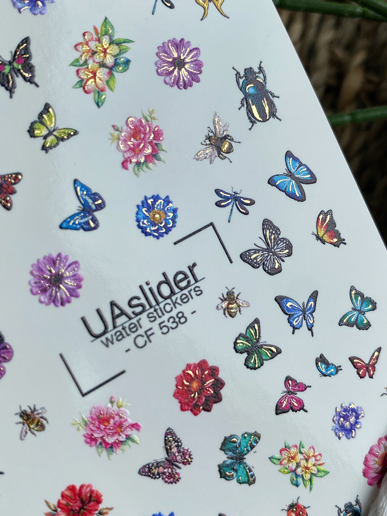 Nagel-Wasserabziehbild CF-538 | Wasserabziehbare Nagelaufkleber mit Schmetterlingen, Käfern & Blumen | Bunte Sommer-Nagelsticker