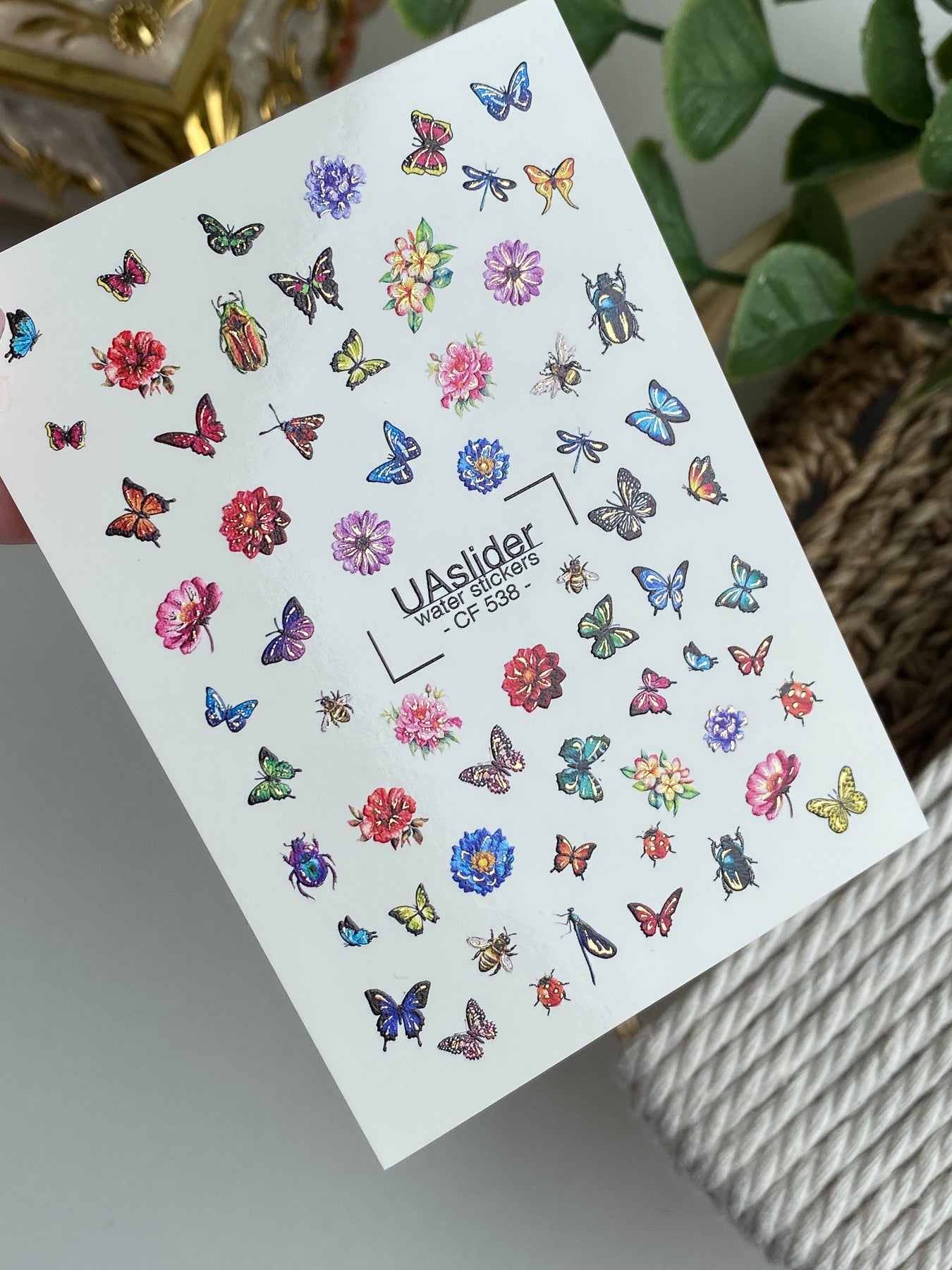 Nagel-Wasserabziehbild CF-538 | Wasserabziehbare Nagelaufkleber mit Schmetterlingen, Käfern & Blumen | Bunte Sommer-Nagelsticker