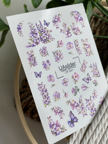 Nálepka na nehty CF-541 | Vodní nálepky na nehty s fialovými květinami a motýly | Elegantní květinový nail art
