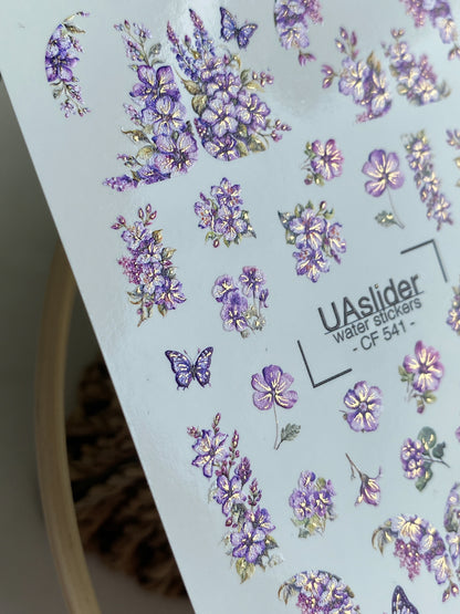 Nálepka na nehty CF-541 | Vodní nálepky na nehty s fialovými květinami a motýly | Elegantní květinový nail art