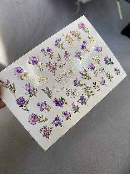 Nail Water Decal CF-176 | Purple Wildflower Nail Water Decals | Elegant Bouquets with Golden Accents  UA Title
