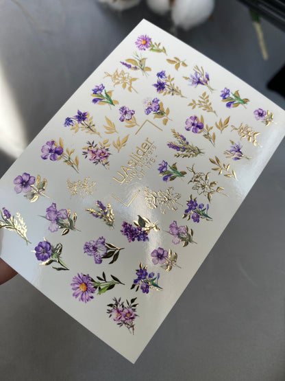 Nail Water Decal CF-176 | Purple Wildflower Nail Water Decals | Elegant Bouquets with Golden Accents  UA Title