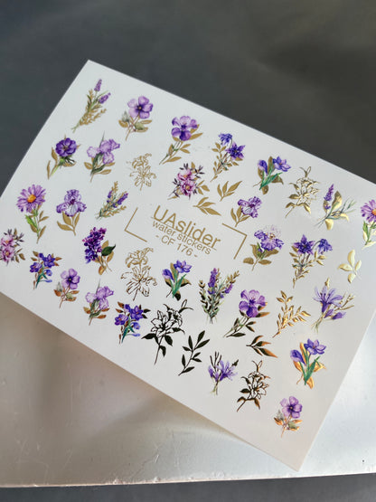 Nail Water Decal CF-176 | Purple Wildflower Nail Water Decals | Elegant Bouquets with Golden Accents  UA Title