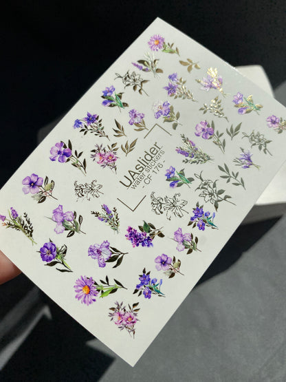 Nail Water Decal CF-176 | Purple Wildflower Nail Water Decals | Elegant Bouquets with Golden Accents  UA Title