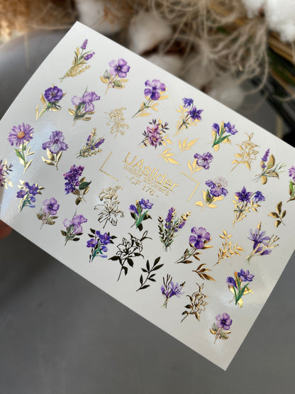 Nail Water Decal CF-176 | Purple Wildflower Nail Water Decals | Elegant Bouquets with Golden Accents  UA Title