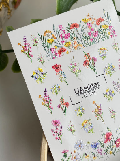 Nail Water Decal CF-543 | Water Slide Nail Decals with Colorful Wildflowers | Floral Border Nail Art