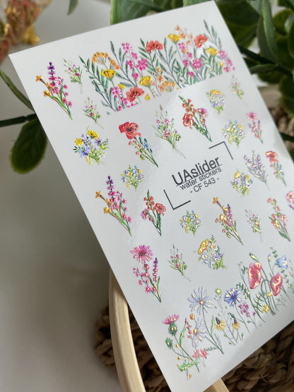Nail Water Decal CF-543 | Water Slide Nail Decals with Colorful Wildflowers | Floral Border Nail Art