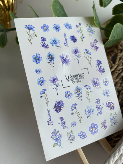 Nail Water Decal CF-544 | Water Slide Nail Decals with Blue Wildflowers | Cornflowers & Forget-Me-Nots Nail Art
