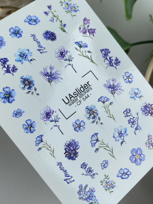 Nail Water Decal CF-544 | Water Slide Nail Decals with Blue Wildflowers | Cornflowers & Forget-Me-Nots Nail Art