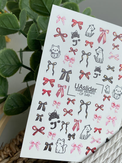 Decalcomanii de apă pentru unghii CF-549 | Decalcomanii drăguțe pentru unghii cu pisică și fundă | Autocolante de apă roșii, roz și negre