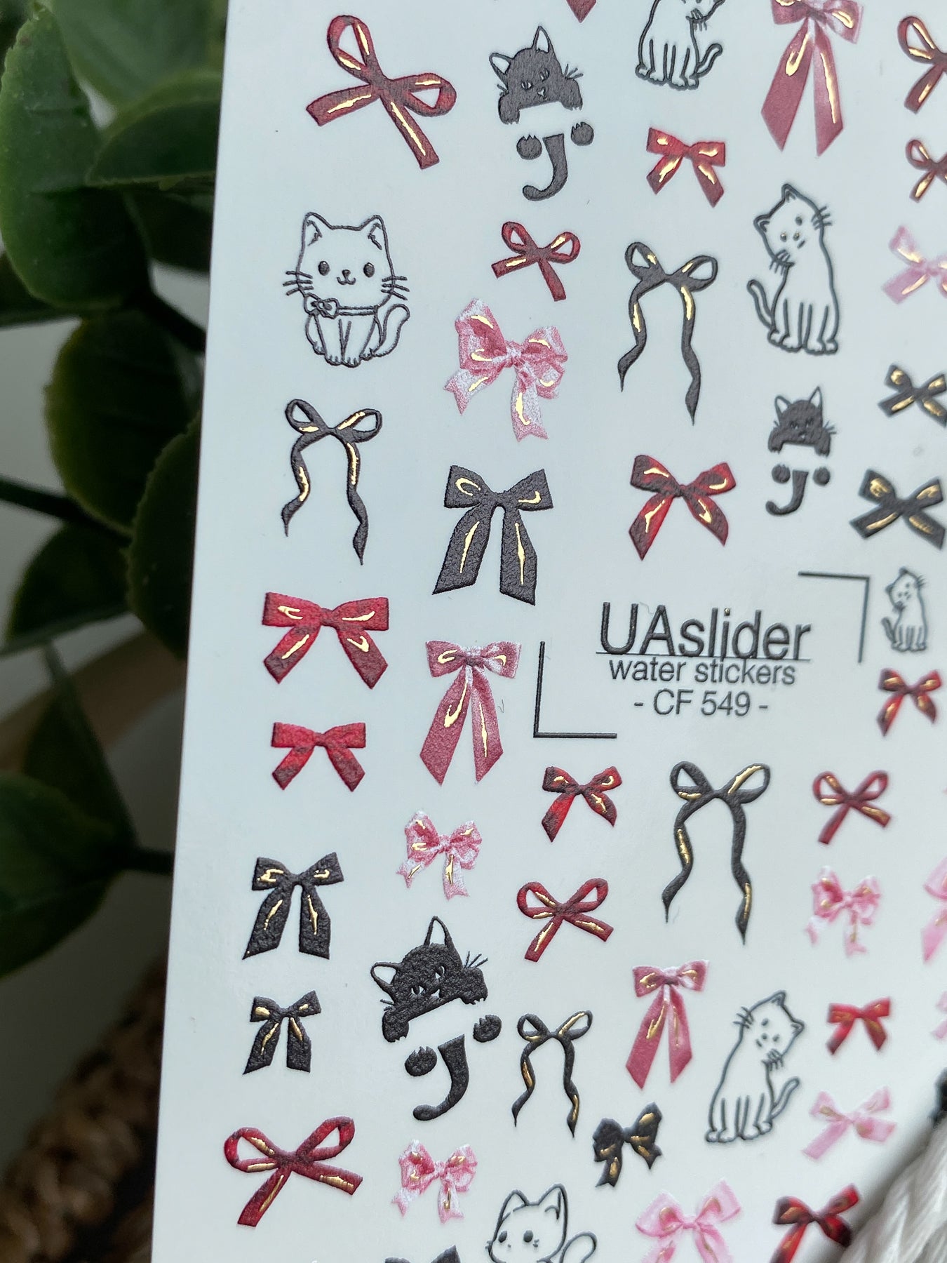 Decalcomanii de apă pentru unghii CF-549 | Decalcomanii drăguțe pentru unghii cu pisică și fundă | Autocolante de apă roșii, roz și negre