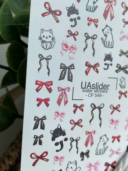 Decalcomanii de apă pentru unghii CF-549 | Decalcomanii drăguțe pentru unghii cu pisică și fundă | Autocolante de apă roșii, roz și negre
