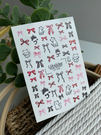 Decalcomanii de apă pentru unghii CF-549 | Decalcomanii drăguțe pentru unghii cu pisică și fundă | Autocolante de apă roșii, roz și negre