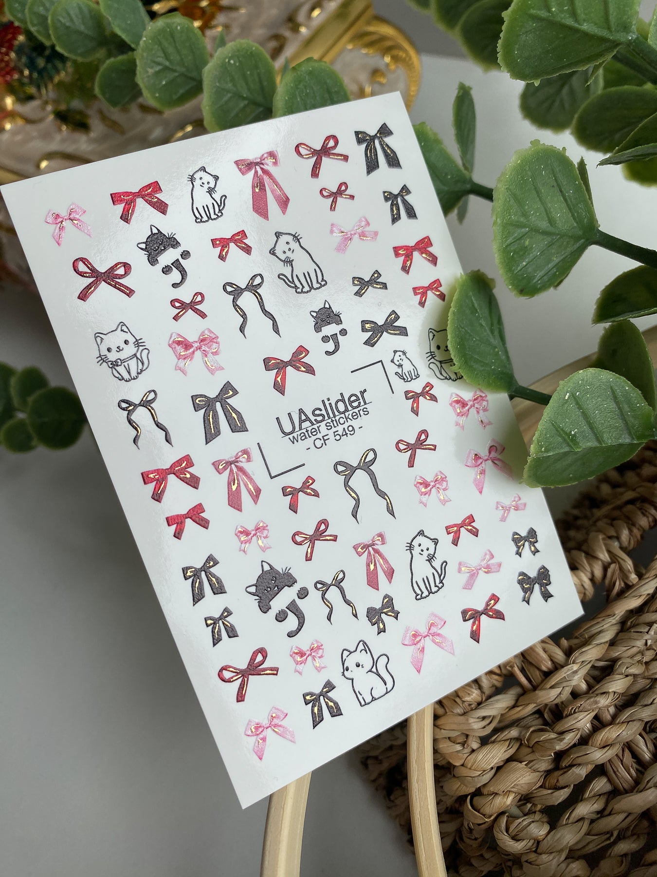 Decalcomanii de apă pentru unghii CF-549 | Decalcomanii drăguțe pentru unghii cu pisică și fundă | Autocolante de apă roșii, roz și negre