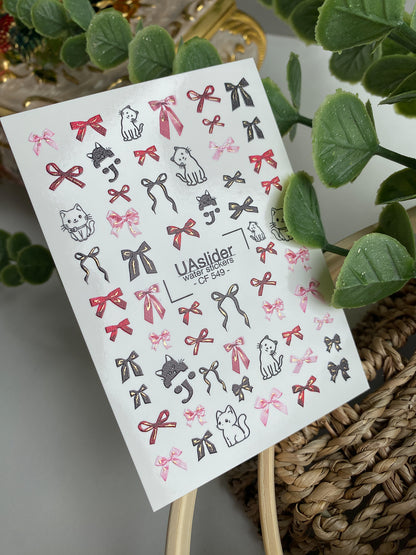 Decalcomanii de apă pentru unghii CF-549 | Decalcomanii drăguțe pentru unghii cu pisică și fundă | Autocolante de apă roșii, roz și negre