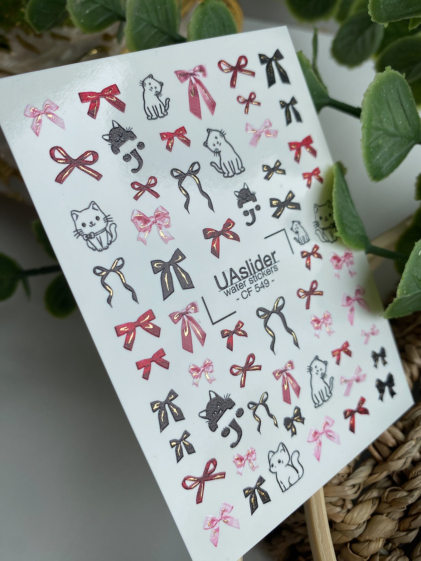 Decalcomanii de apă pentru unghii CF-549 | Decalcomanii drăguțe pentru unghii cu pisică și fundă | Autocolante de apă roșii, roz și negre
