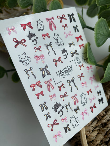 Decalcomanii de apă pentru unghii CF-549 | Decalcomanii drăguțe pentru unghii cu pisică și fundă | Autocolante de apă roșii, roz și negre