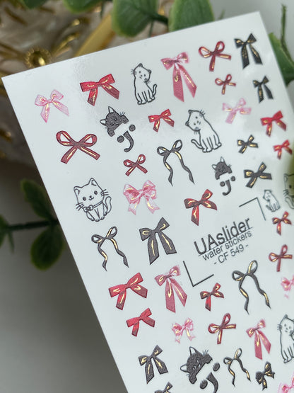 Decalcomanii de apă pentru unghii CF-549 | Decalcomanii drăguțe pentru unghii cu pisică și fundă | Autocolante de apă roșii, roz și negre