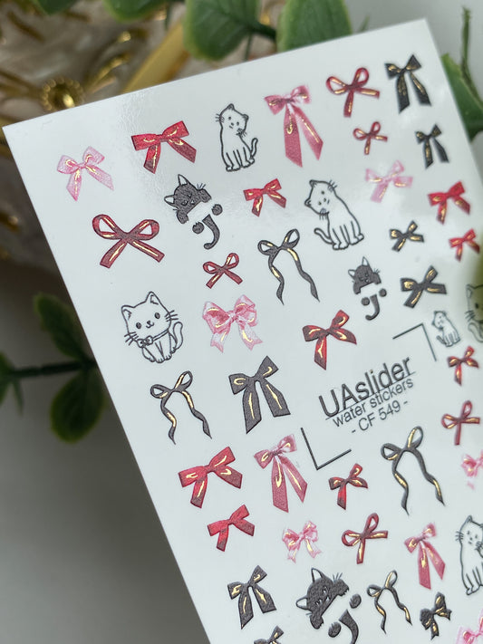 Nail Water Decal CF-549 | Cute Cat & Bow Nail Decals | Red, Pink & Black Water Stickers