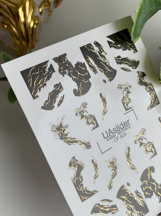 Nail Water Decal CF-525 | Water Slide Nail Decals with Black Marble & Gold Veins | Abstract Nail Art
