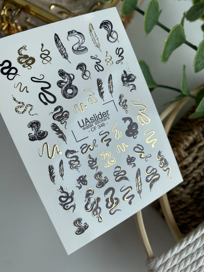 Nail Water Decal CF-346 | Water Slide Nail Decals | Black & Gold Snakes with Feathers