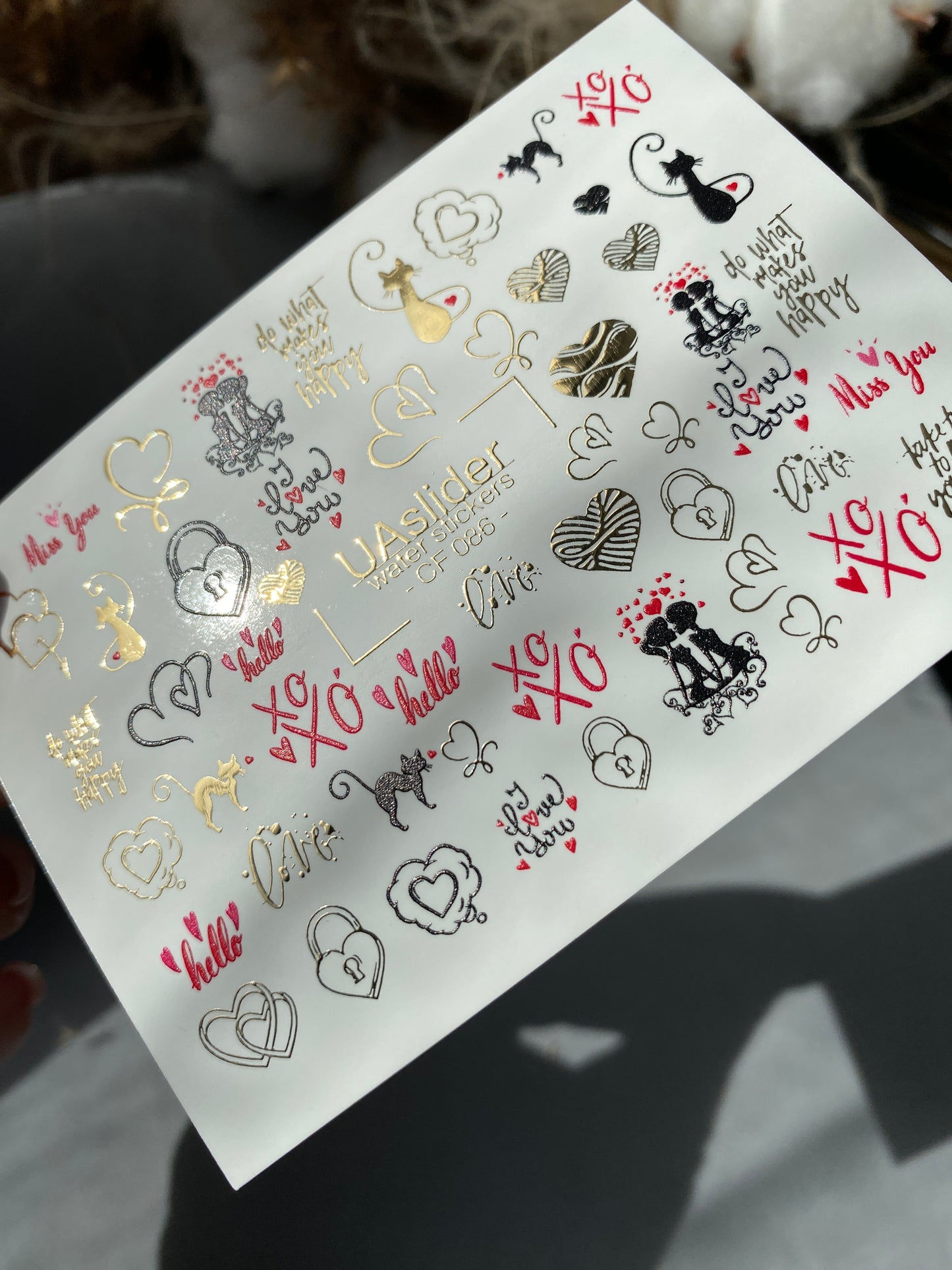 Nail Water Decal CF-086 | Romantic Cats & Love Symbols Water Slide Nail Decals | Hearts, Locks & Quotes