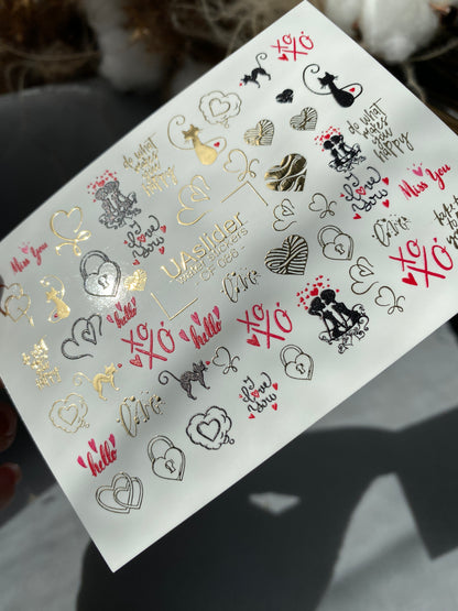 Nail Water Decal CF-086 | Romantic Cats & Love Symbols Water Slide Nail Decals | Hearts, Locks & Quotes