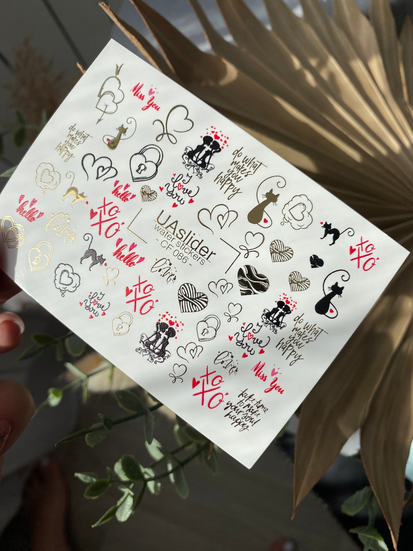 Nail Water Decal CF-086 | Romantic Cats & Love Symbols Water Slide Nail Decals | Hearts, Locks & Quotes