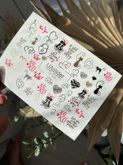 Nail Water Decal CF-086 | Romantic Cats & Love Symbols Water Slide Nail Decals | Hearts, Locks & Quotes