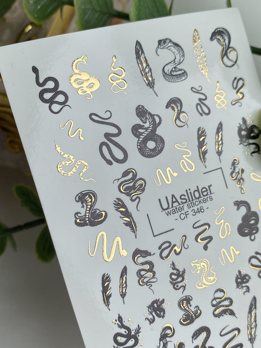 Nail Water Decal CF-346 | Water Slide Nail Decals | Black & Gold Snakes with Feathers