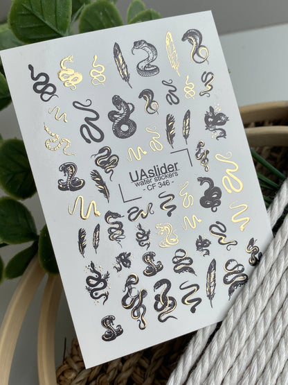 Nail Water Decal CF-346 | Water Slide Nail Decals | Black & Gold Snakes with Feathers