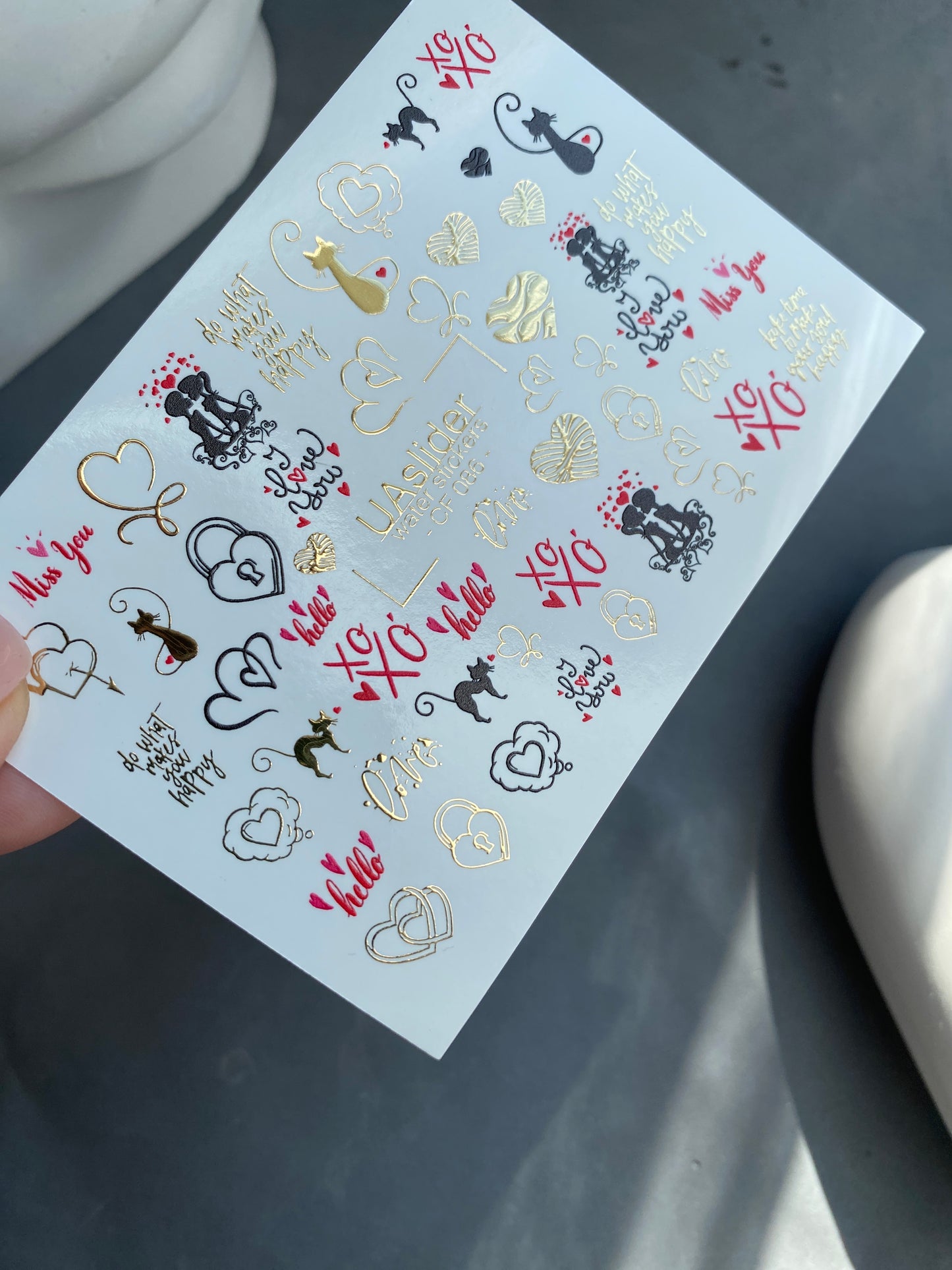 Nail Water Decal CF-086 | Romantic Cats & Love Symbols Water Slide Nail Decals | Hearts, Locks & Quotes