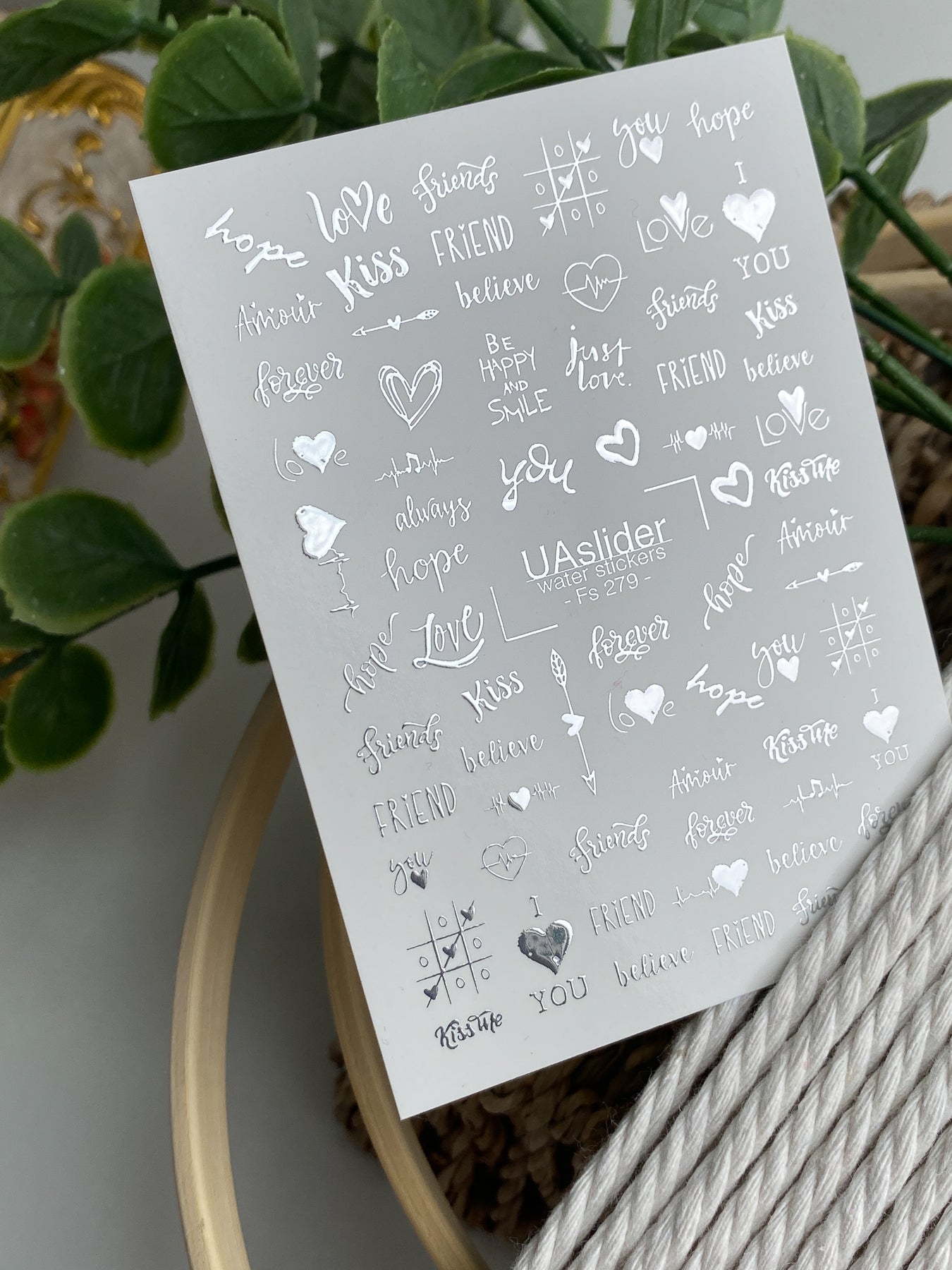 Nail Water Decal Fs-279 | Romantic Water Slide Nail Decals | Silver Foil Words & Love Symbols