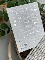 Nail Water Decal Fs-279 | Romantic Water Slide Nail Decals | Silver Foil Words & Love Symbols - UASLIDER