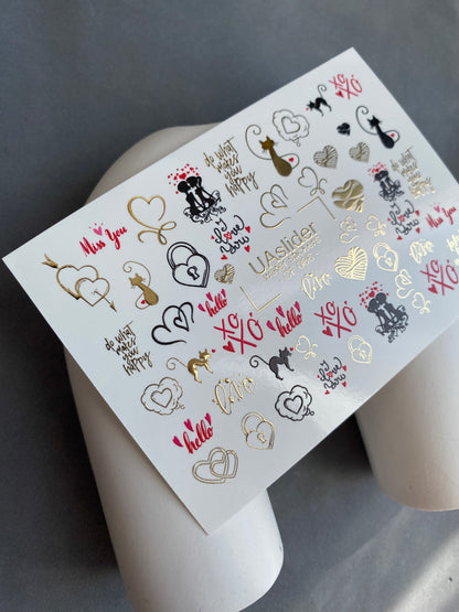 Nail Water Decal CF-086 | Romantic Cats & Love Symbols Water Slide Nail Decals | Hearts, Locks & Quotes