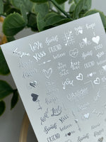 Nail Water Decal Fs-279 | Romantic Water Slide Nail Decals | Silver Foil Words & Love Symbols - UASLIDER