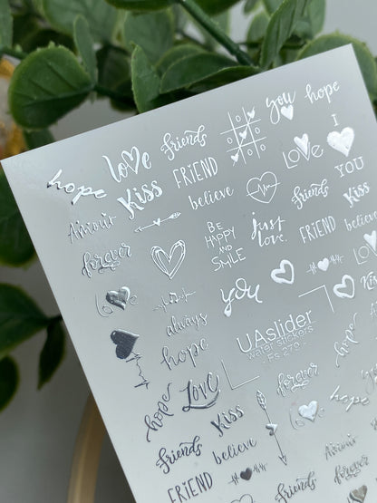 Nail Water Decal Fs-279 | Romantic Water Slide Nail Decals | Silver Foil Words & Love Symbols