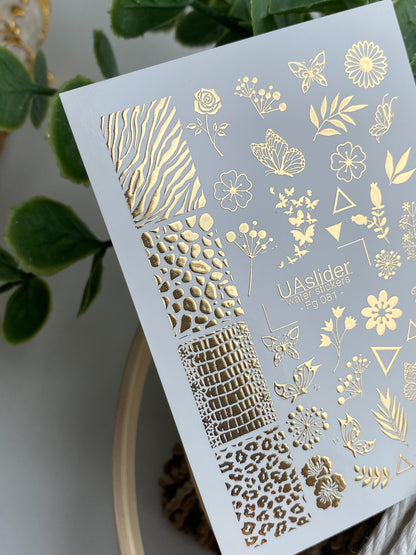 Naklejki wodne na paznokcie Fg-081 | Złote folie do naklejek wodnych na paznokcie | Mieszanka kwiatowych i zwierzęcych wzorów