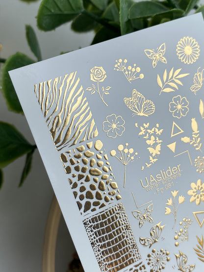 Naklejki wodne na paznokcie Fg-081 | Złote folie do naklejek wodnych na paznokcie | Mieszanka kwiatowych i zwierzęcych wzorów