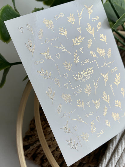 Nail Water Decal Fg-037 | Gold Botanical Nail Water Decals with Love Lettering | Romantic Floral Nail Art