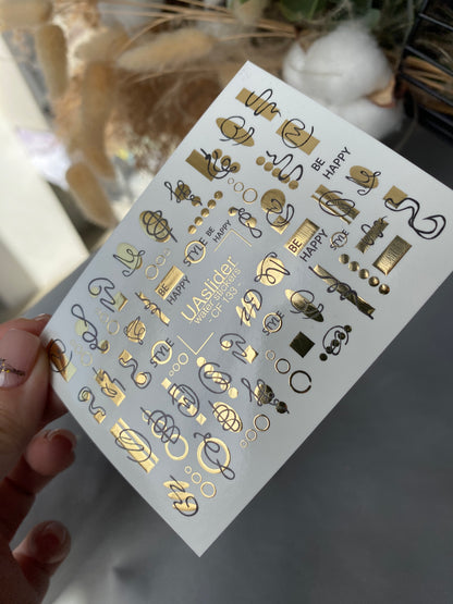 Nail Water Decal CF-133 Water Slide Nail Decals | Abstract Geometric Lines & Gold Accents