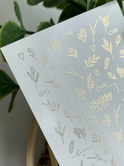 Nail Water Decal Fg-037 | Gold Botanical Nail Water Decals with Love Lettering | Romantic Floral Nail Art