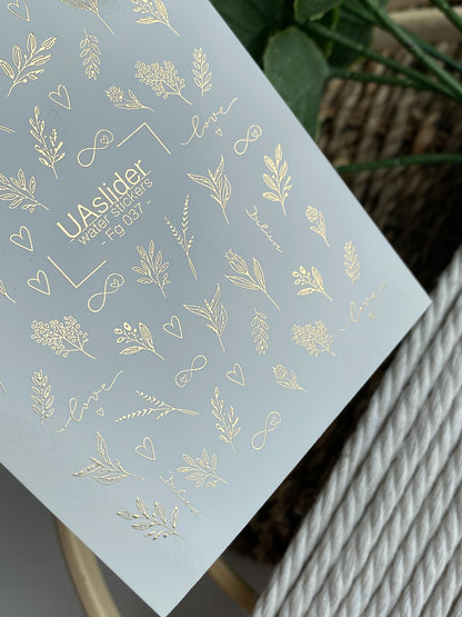 Nail Water Decal Fg-037 | Gold Botanical Nail Water Decals with Love Lettering | Romantic Floral Nail Art