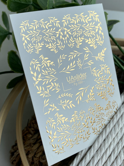 Nagel Wasserabziehbild Fg-030 | Wasserfolien Nagelabziehbilder mit Goldfolie Blättern | Elegante Botanische Nagelkunst