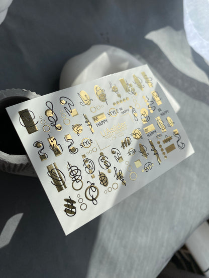 Nail Water Decal CF-133 Water Slide Nail Decals | Abstract Geometric Lines & Gold Accents