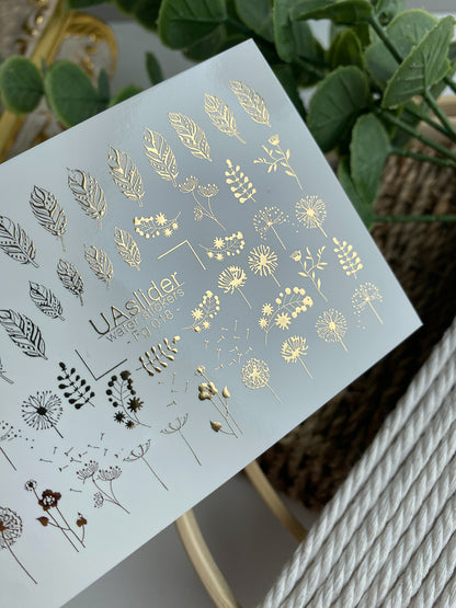 Nagel Water Decal Fg-018 | Bloem Water Slide Nagel Decals met Goudfolie | Paardebloemen, Bladeren & Wilde Bloemen