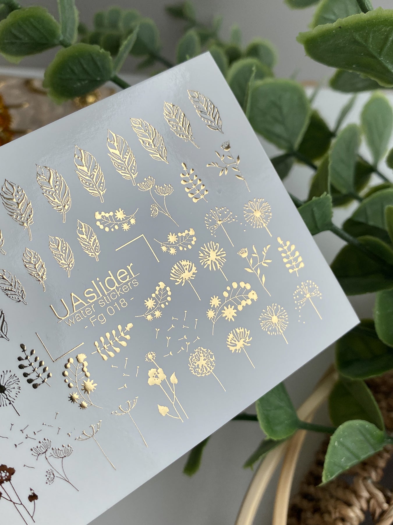 Nail Water Decal Fg-018 | Floral Water Slide Nail Decals with Gold Foil | Dandelions, Leaves & Wildflowers - UASLIDER