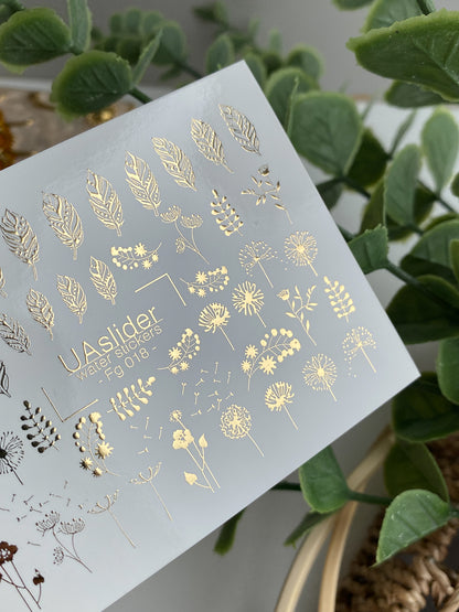 Nagel Water Decal Fg-018 | Bloem Water Slide Nagel Decals met Goudfolie | Paardebloemen, Bladeren & Wilde Bloemen