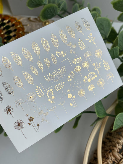 Nagel Water Decal Fg-018 | Bloem Water Slide Nagel Decals met Goudfolie | Paardebloemen, Bladeren & Wilde Bloemen